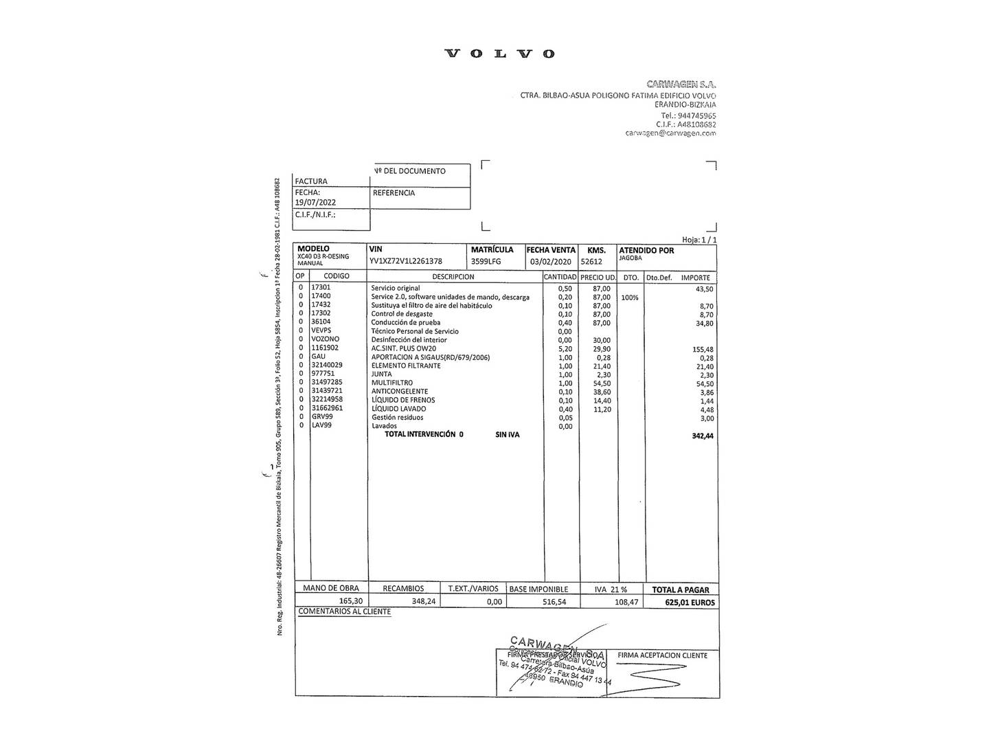 Foto del mantenimiento del Volvo XC40 Volvo XC40 D3 R-Design (150 CV)