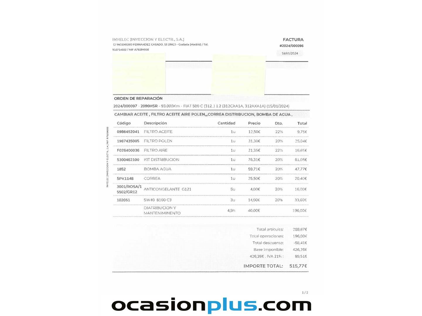 Foto del mantenimiento del Fiat 500 Fiat 500 1.2 8v Lounge (69 CV)