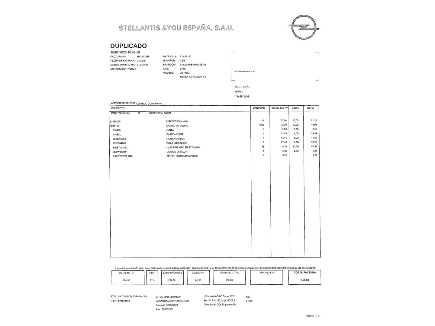 Foto del mantenimiento del Opel Mokka Opel Mokka 1.2 T Business Elegance (100 CV)