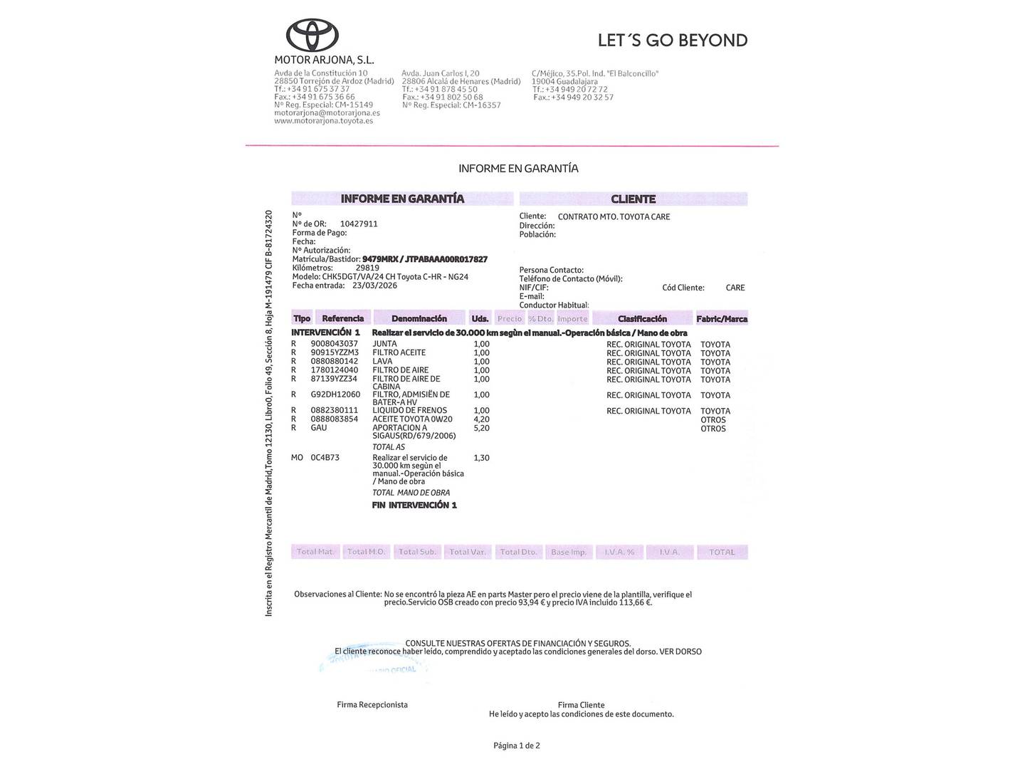 Foto del mantenimiento del Toyota C-HR Toyota C-HR 200H GR Sport (196 CV)