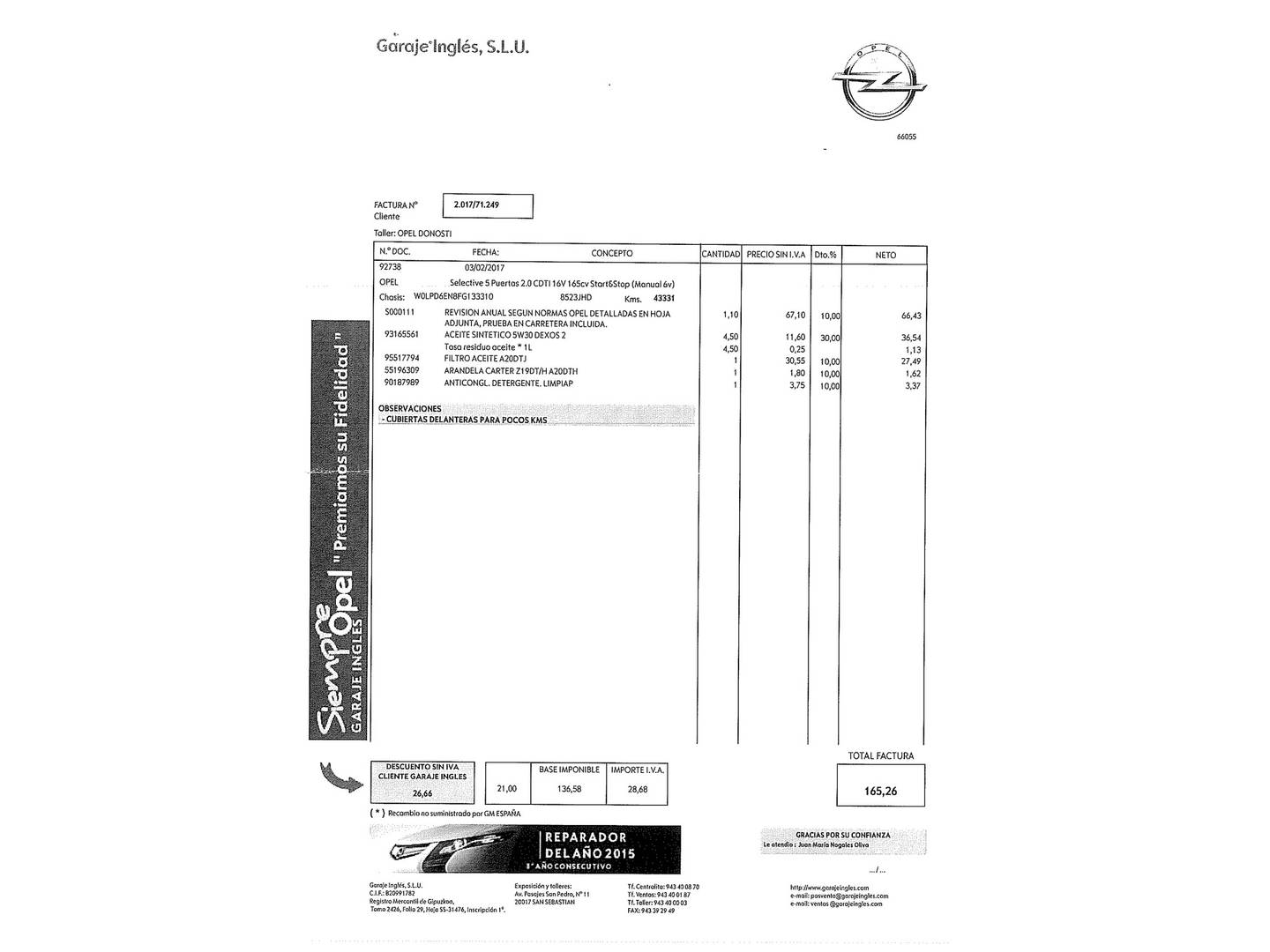 Foto del mantenimiento del Opel Astra Opel Astra 2.0 CDTi S&S Selective (165 CV)