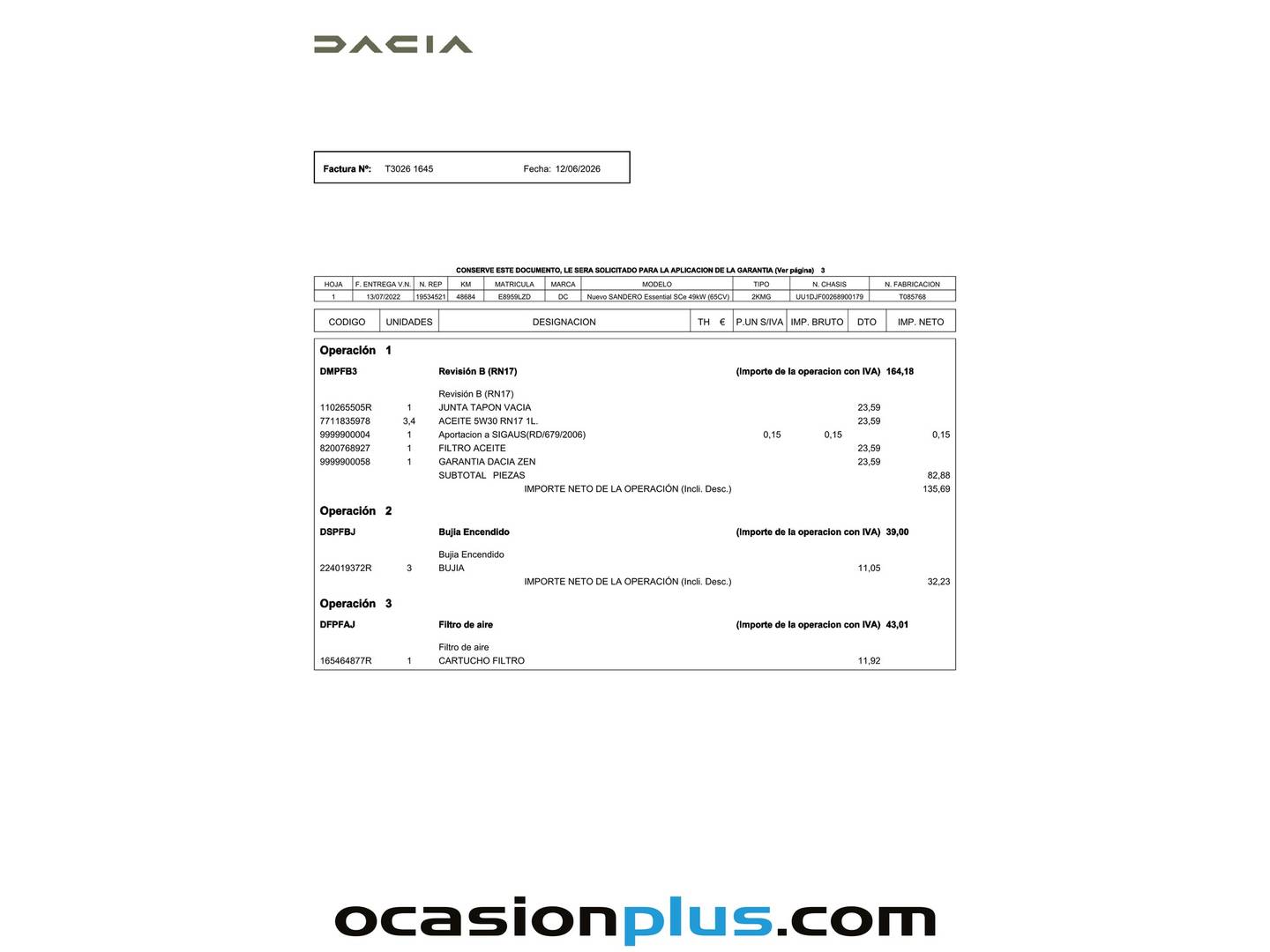 Foto del mantenimiento del Dacia Sandero Dacia Sandero Essential SCe (67 CV)