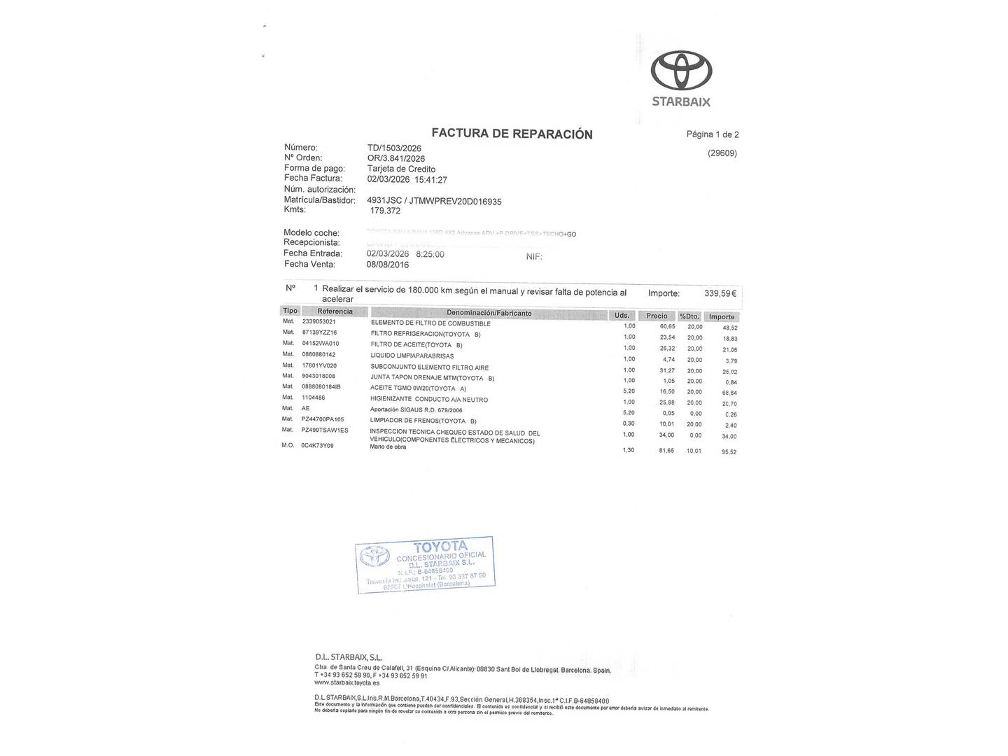Foto del mantenimiento del Toyota Rav4 Toyota Rav4 150D 2WD Advance (143 CV)