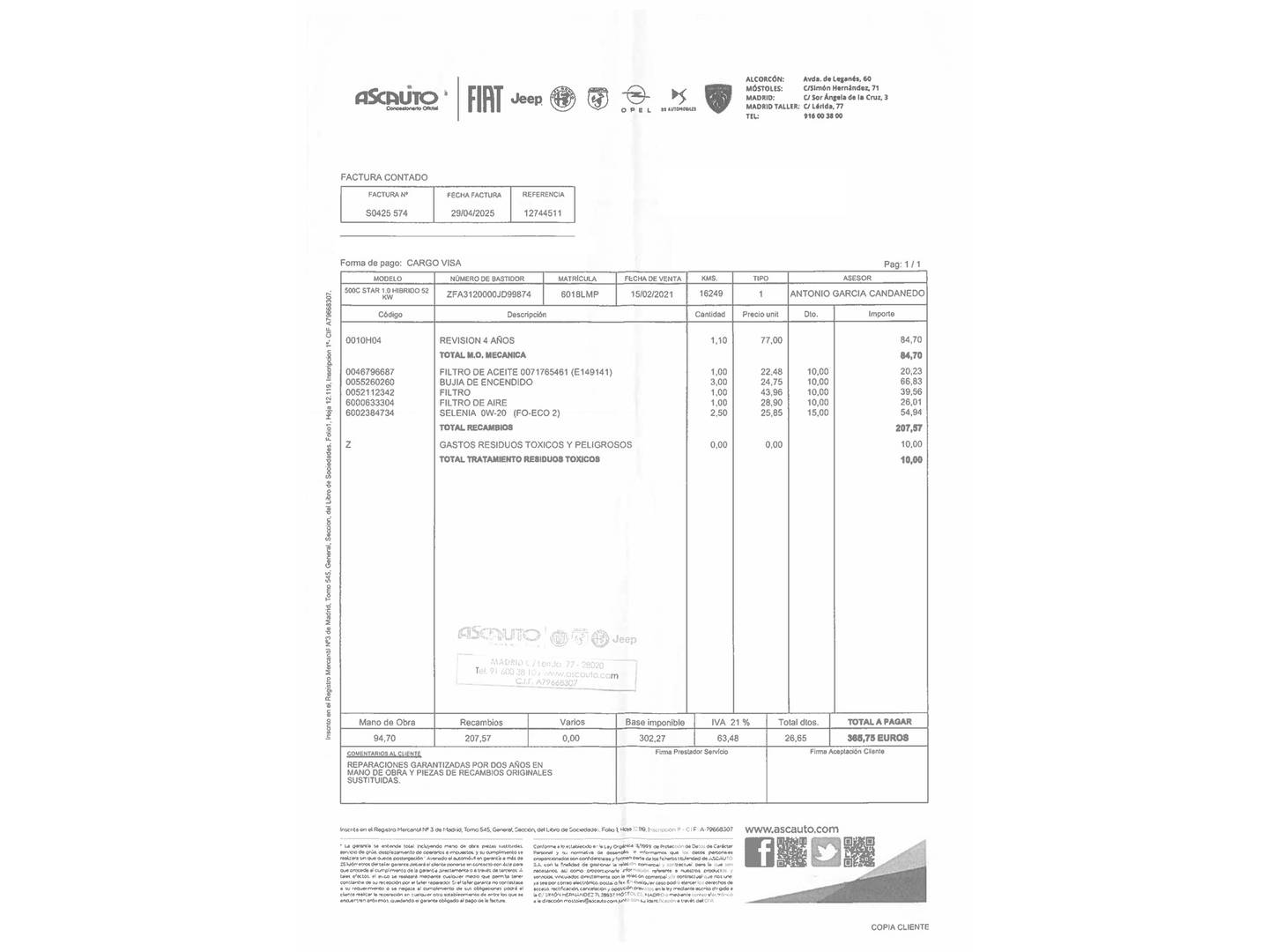 Foto del mantenimiento del Fiat 500C Fiat 500C 1.0 Hybrid Dolcevita (70 CV)