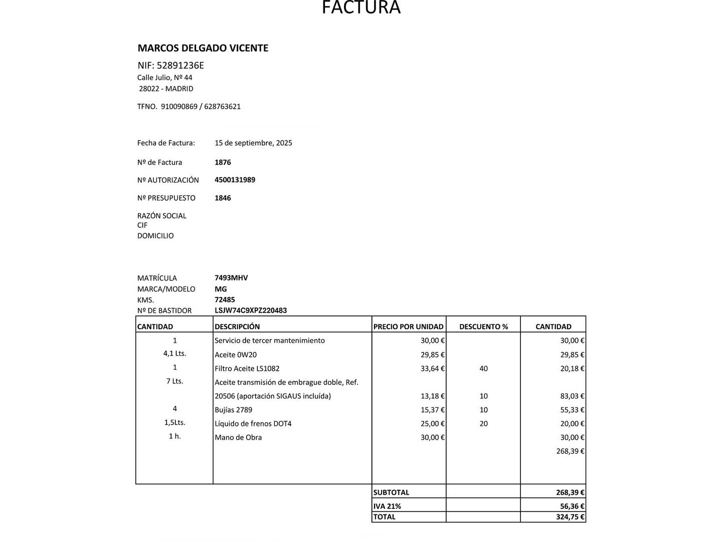 Foto del mantenimiento del MG ZS MG ZS 1.0T Luxury Auto (111 CV)