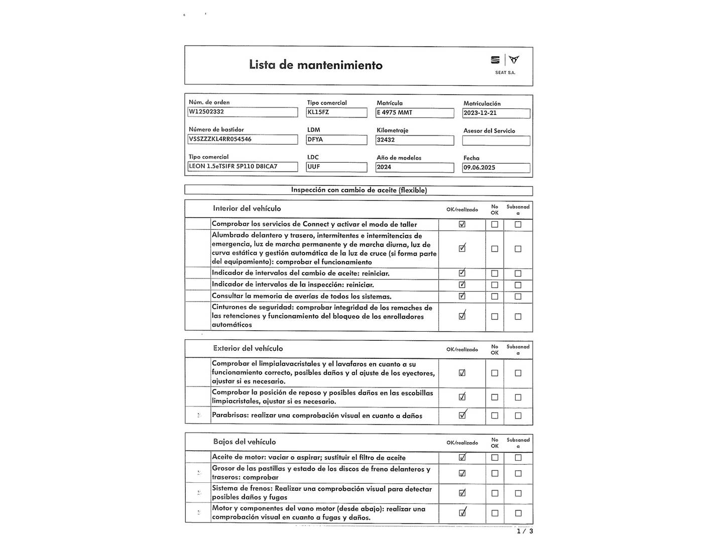 Foto del mantenimiento del Seat León Seat León 1.5 eTSI S&S FR Special Edition Vision DSG (150 CV)