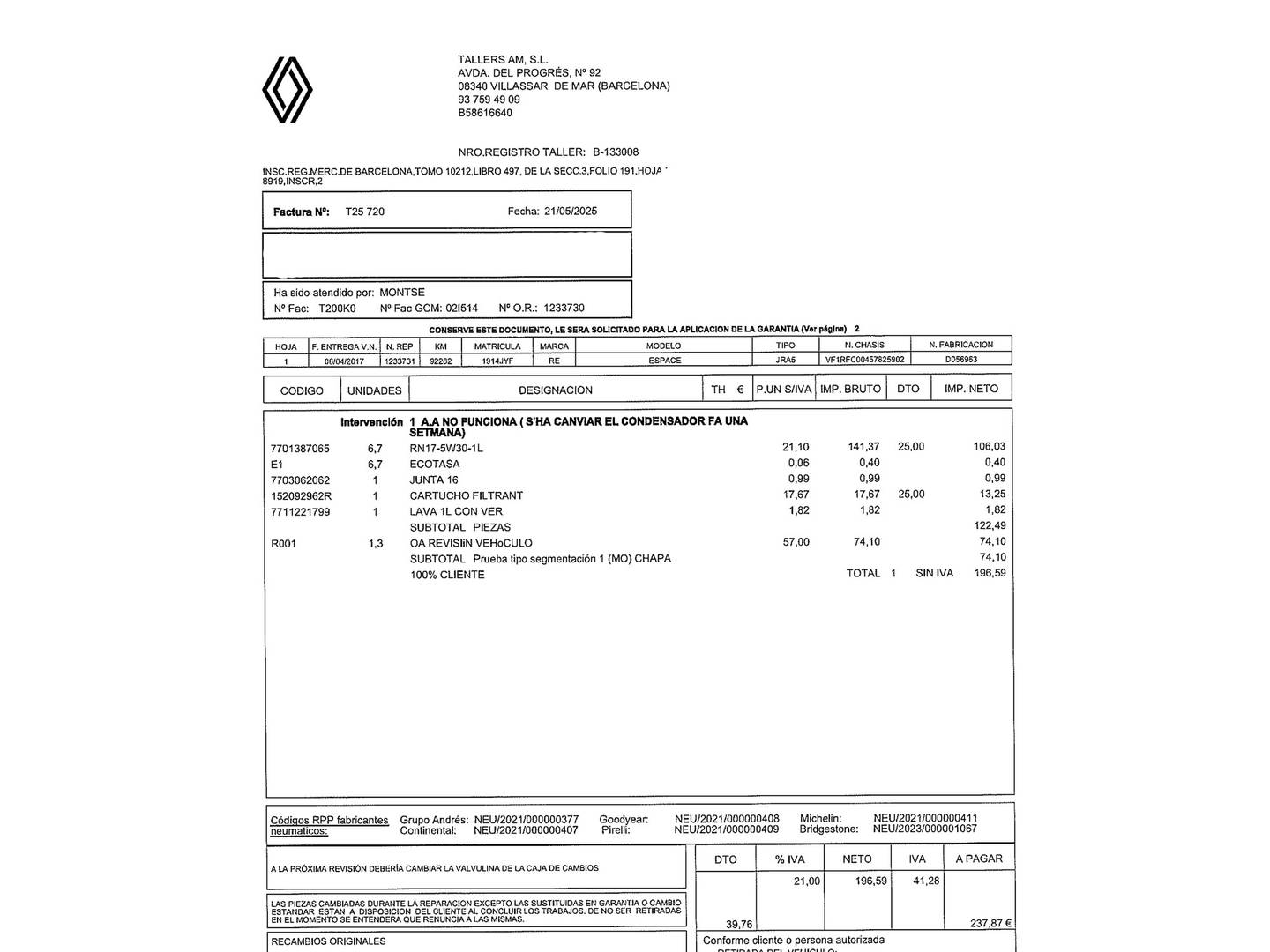 Foto del mantenimiento del Renault Espace Renault Espace Zen Energy dCi  (160 CV) TT EDC 7 Plazas