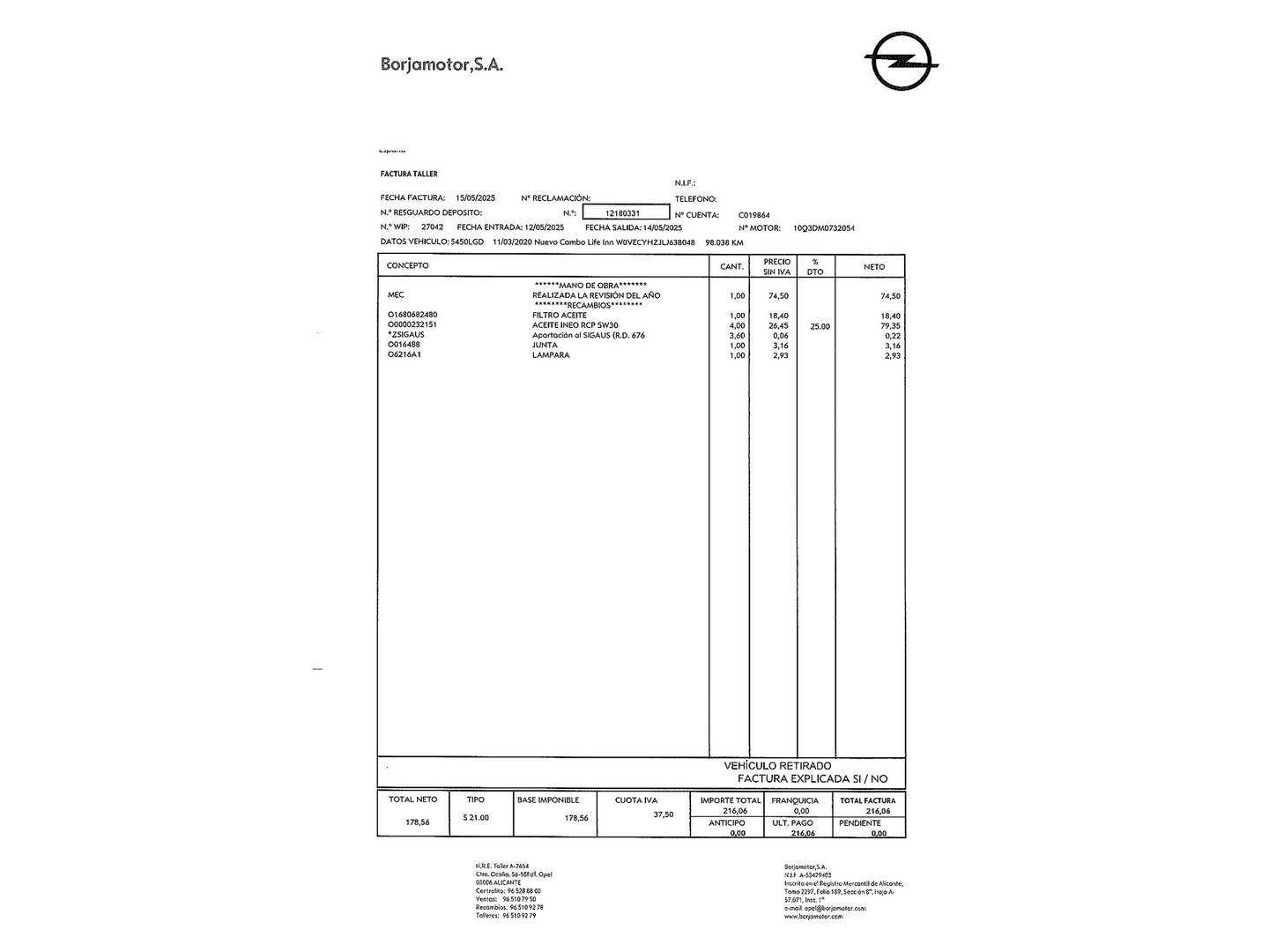 Foto del mantenimiento del Opel Combo Life Opel Combo Life 1.5 TD S&S Innovation L (131 CV)