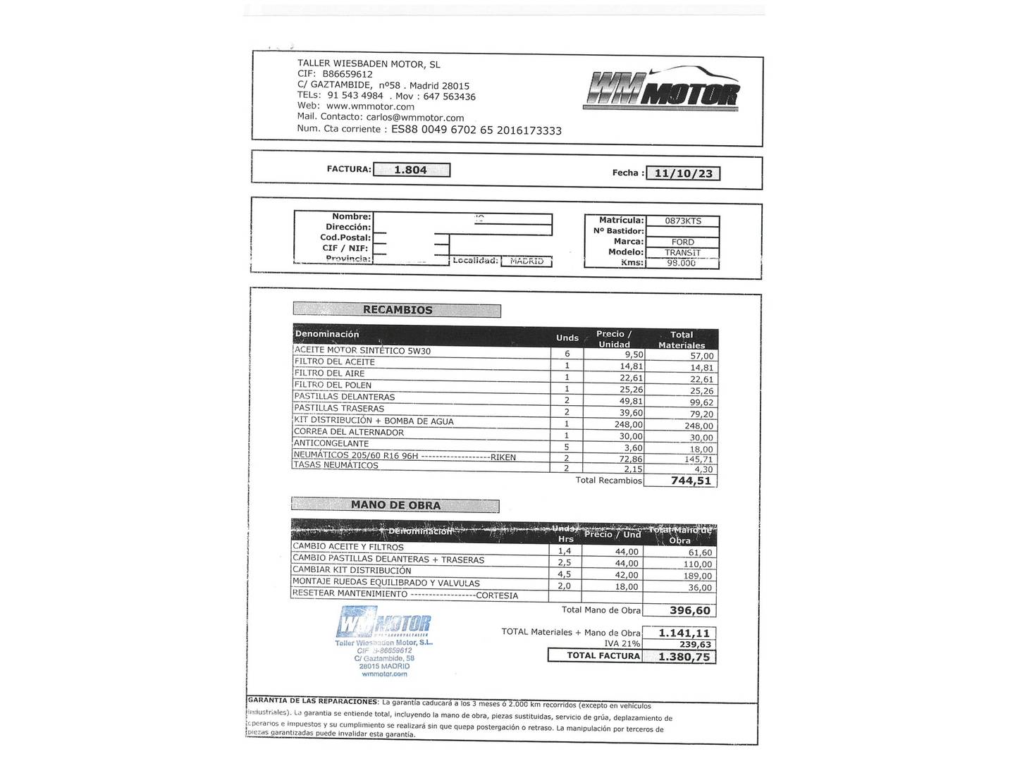 Foto del mantenimiento del Ford Transit Connect Ford Transit Connect 1.5 TDCI Trend 230 L2  (120 CV) 7 Plazas