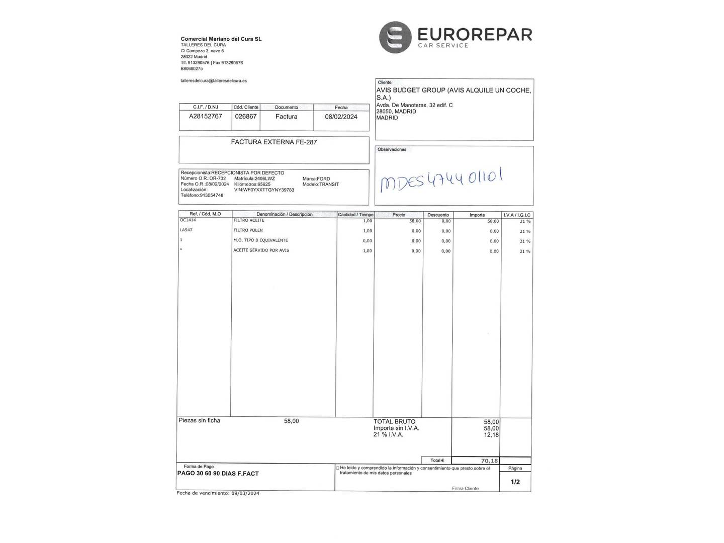 Foto del mantenimiento del Ford Transit Custom Ford Transit Custom Furgon 2.0 TDCI MHEV 280 L1 Trend (130 CV)