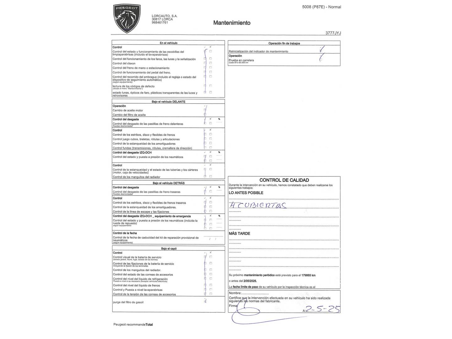 Foto del mantenimiento del Peugeot 5008 Peugeot 5008 BlueHDi 120 S&S Allure (120 CV)