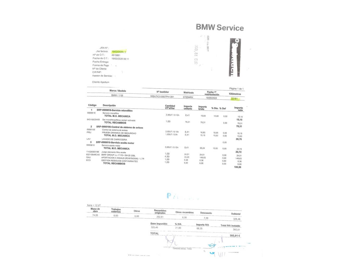 Foto del mantenimiento del BMW Serie 1 BMW Serie 1 118i (136 CV) Pack M