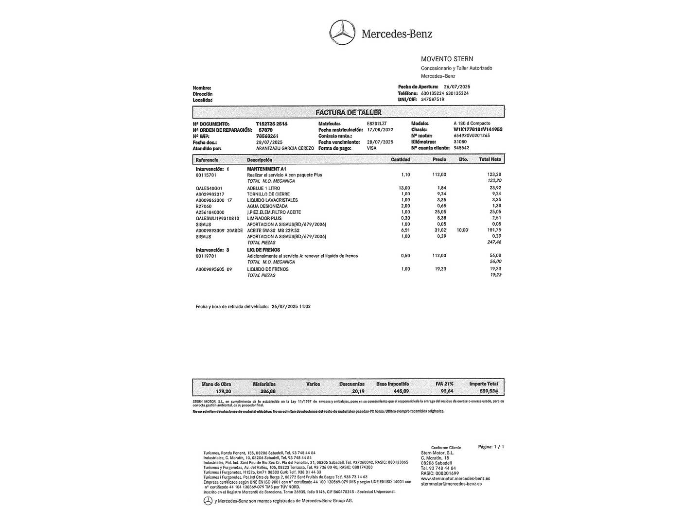 Foto del mantenimiento del Mercedes Clase A Mercedes Clase A 180 d (116 CV)