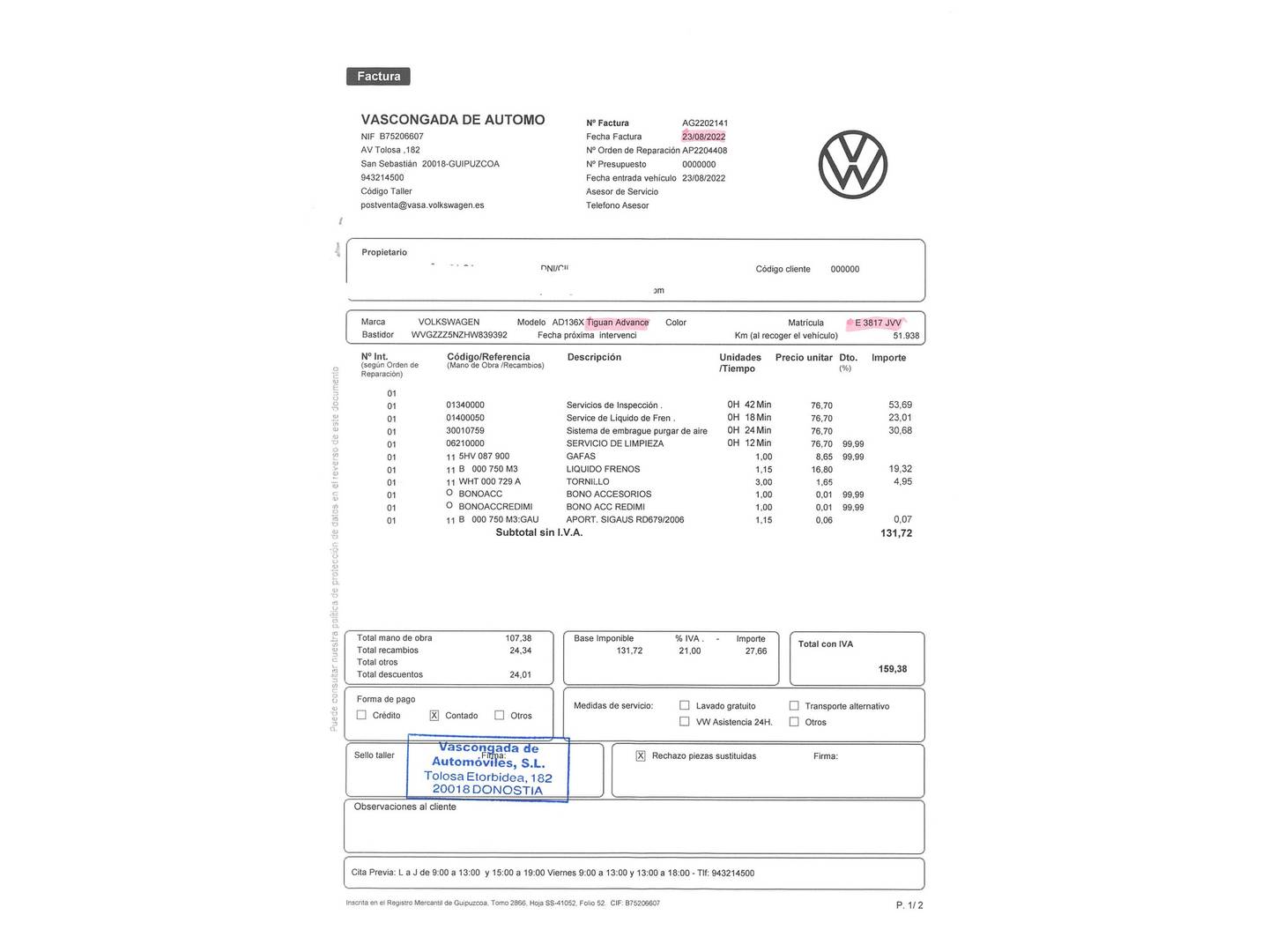 Foto del mantenimiento del Volkswagen Tiguan Volkswagen Tiguan Advance 2.0 TDI BMT (150 CV) Pack R-Line