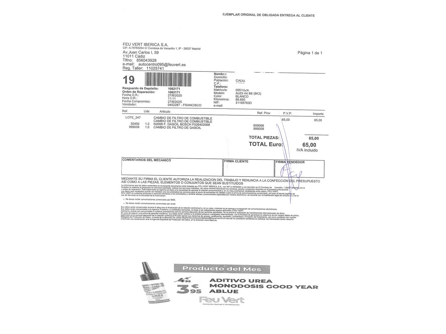 Foto del mantenimiento del Audi A4 Audi A4 2.0 TDI e DPF (136 CV)