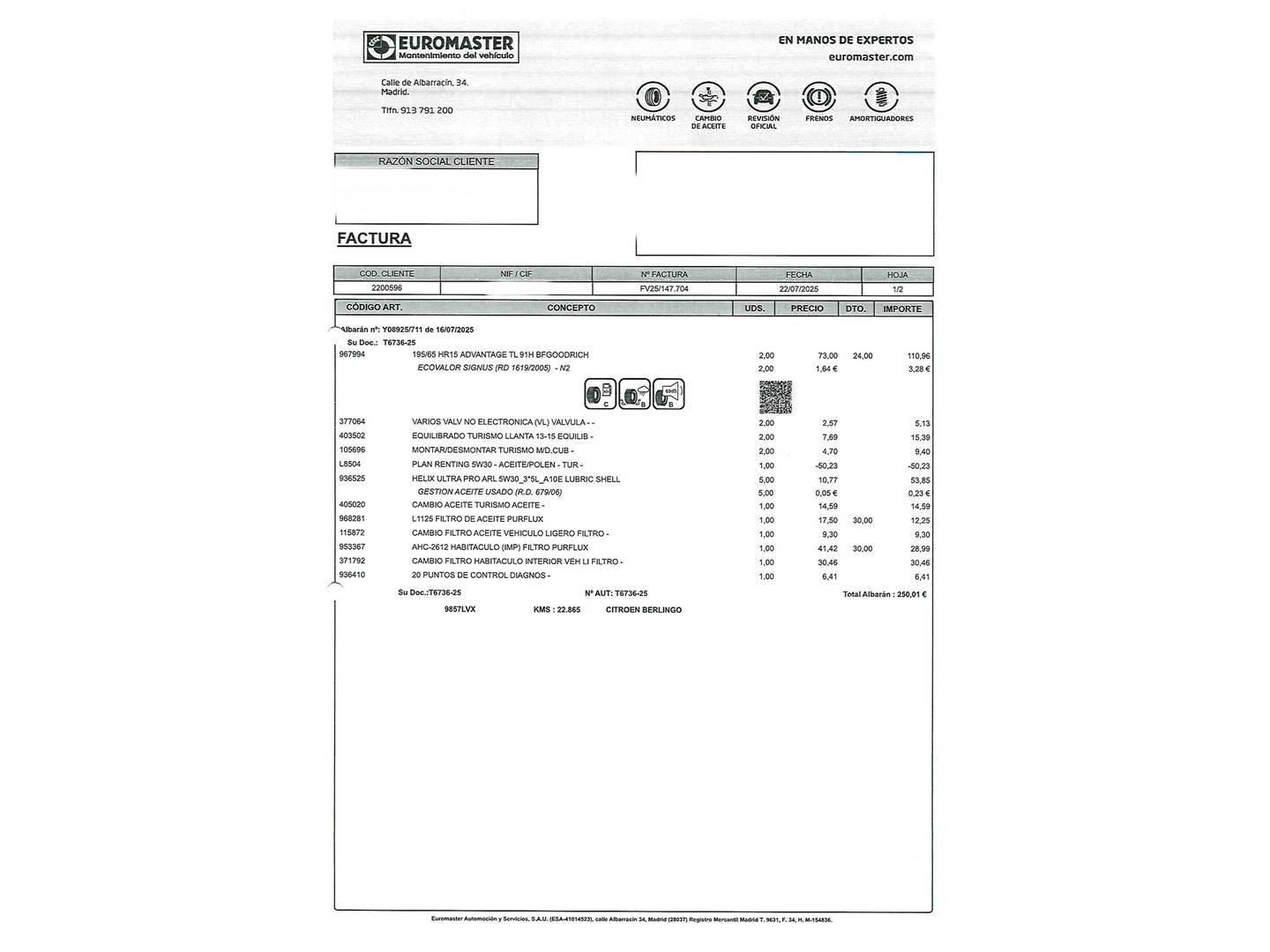 Foto del mantenimiento del Citroën Berlingo Citroën Berlingo Furgon BlueHDi 100 Talla M Control (102 CV)