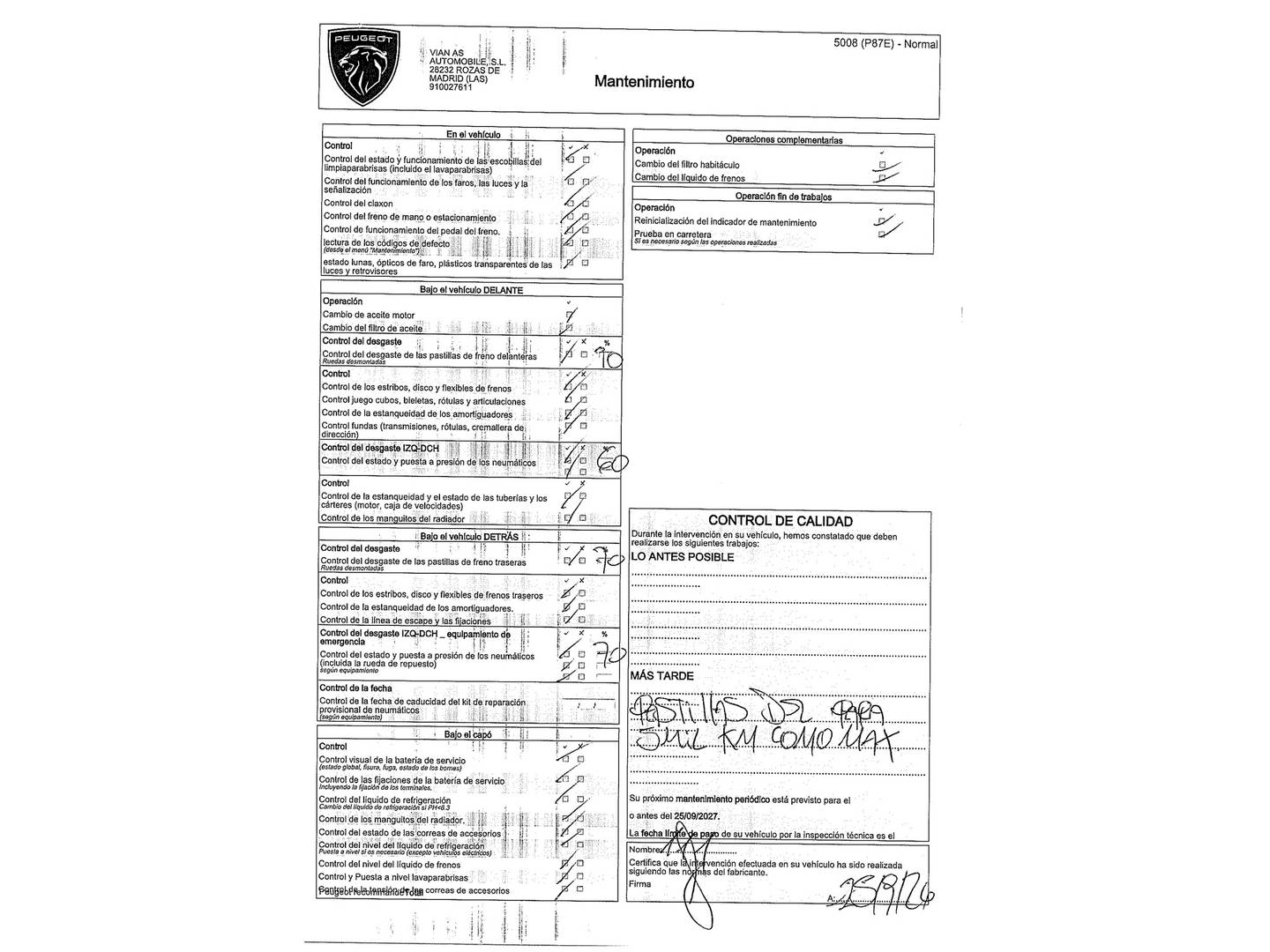 Foto del mantenimiento del Peugeot 5008 Peugeot 5008 PureTech 180 GT Line EAT8 (180 CV) 7 Plazas