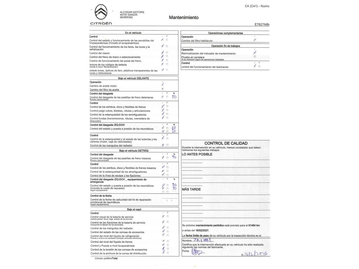 Foto del mantenimiento del Citroën C4 Citroën C4 PureTech 130 S&S 6v Feel Pack EAT8 (130 CV)