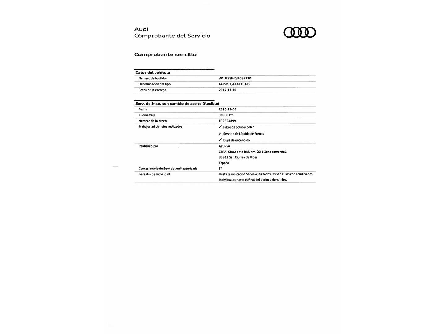 Foto del mantenimiento del Audi A4 Audi A4 S line edition 1.4 TFSI (150 CV)