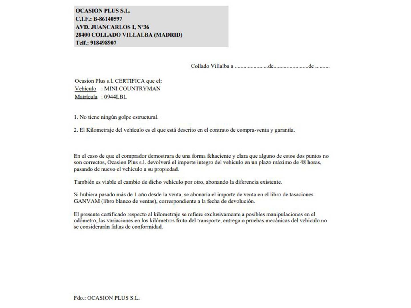 Foto del certificado del Mini Countryman Mini MINI Countryman Countryman Cooper (136 CV)