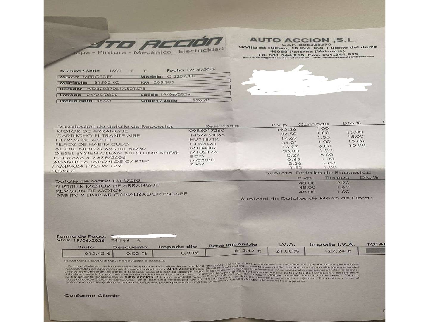 Foto del mantenimiento del Mercedes Clase C Mercedes Clase C Sportcoupe 220 CDI (143 CV)