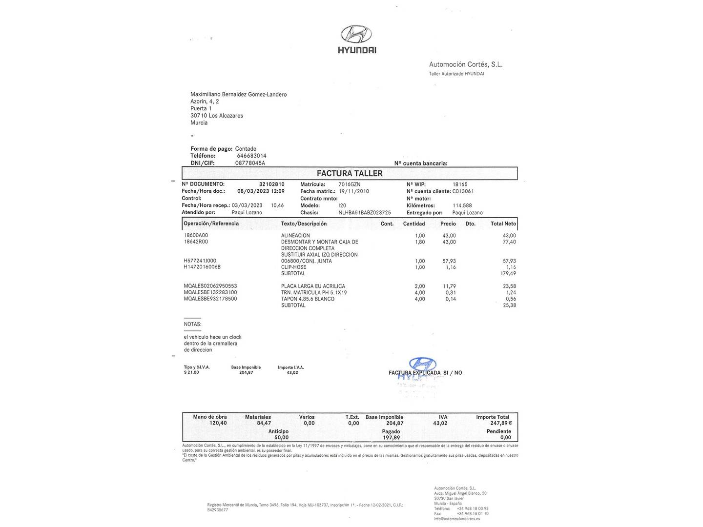 Foto del mantenimiento del Hyundai i20 Hyundai i20 1.2 Classic AA Key (78 CV)
