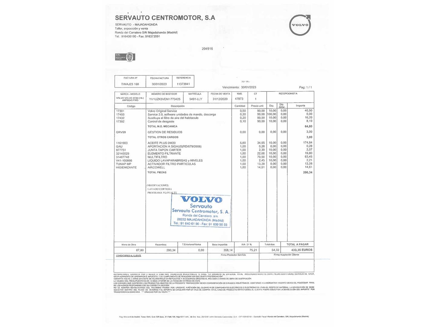 Foto del mantenimiento del Volvo XC60 Volvo XC60 D4 Business Plus Auto (190 CV)