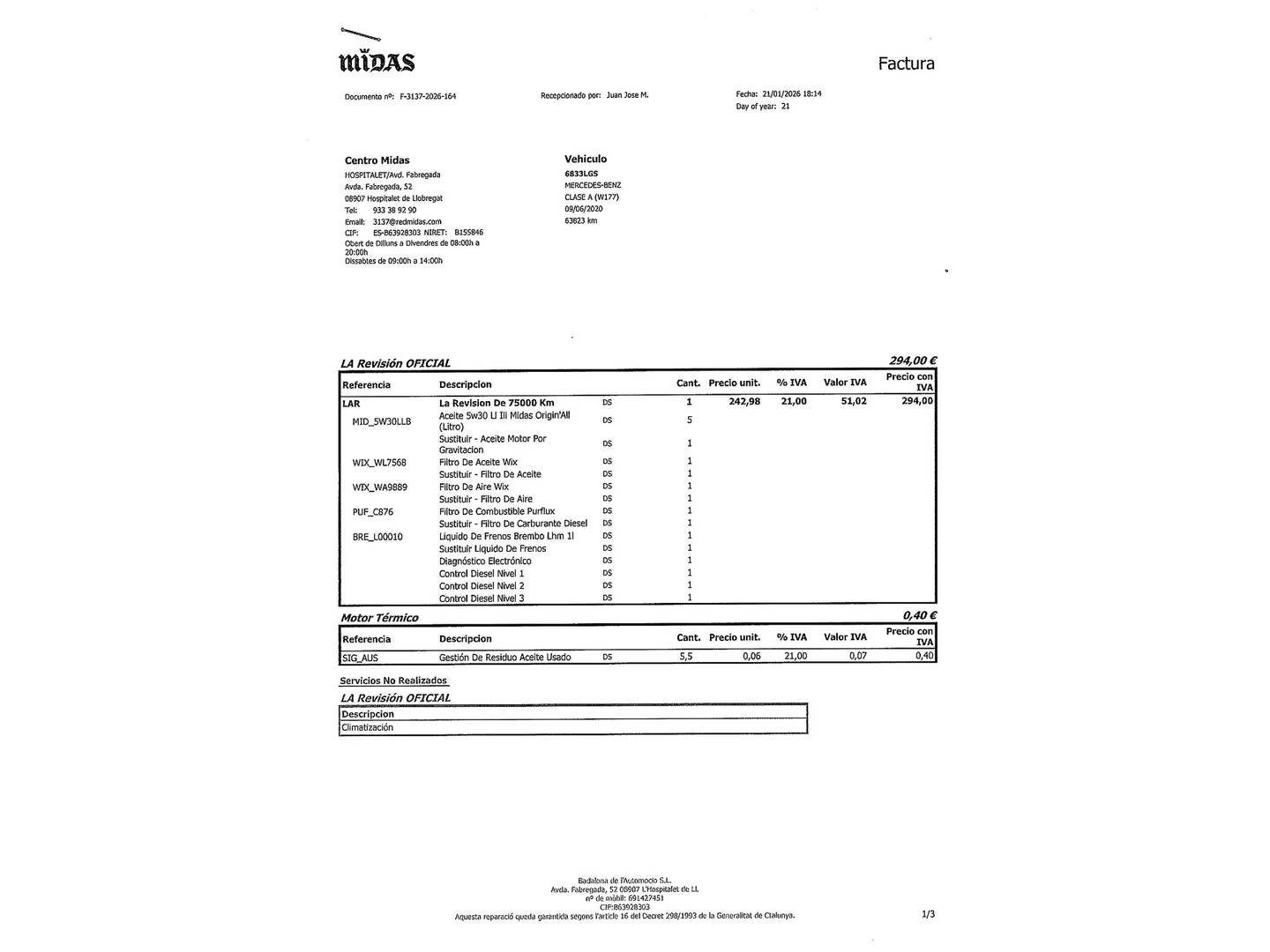 Foto del mantenimiento del Mercedes Clase A Mercedes-Benz Clase A Clase A 180 d (116 CV)