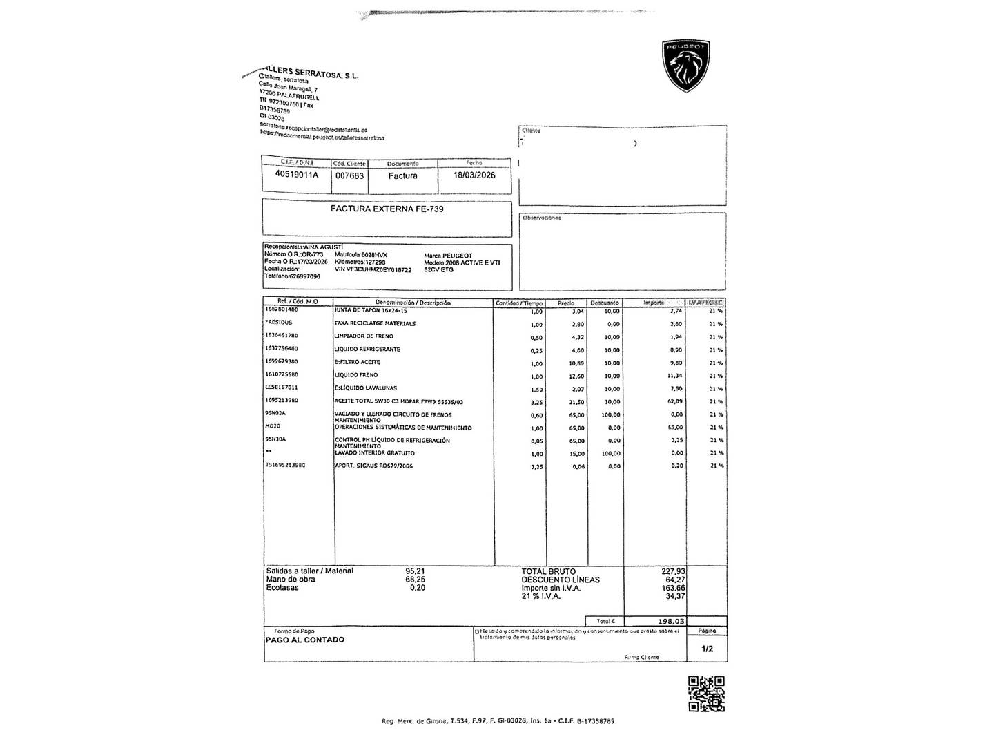 Foto del mantenimiento del Peugeot 2008 Peugeot 2008 VTI 82 Active ETG5 (82 CV)