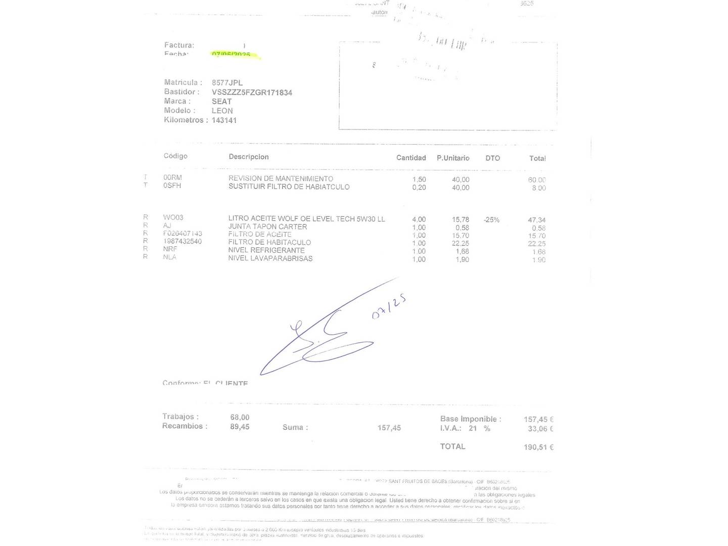 Foto del mantenimiento del Seat León Seat León 1.4 TSI ACT S&S FR (150 CV)