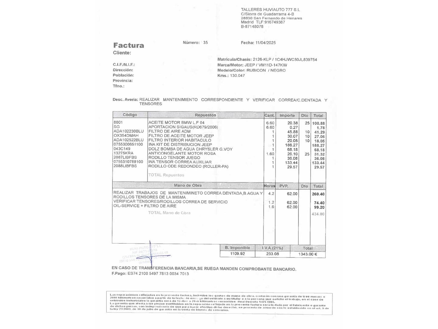 Foto del mantenimiento del Jeep Wrangler Jeep Wrangler 2.8 CRD Rubicon Recon Auto (200 CV)