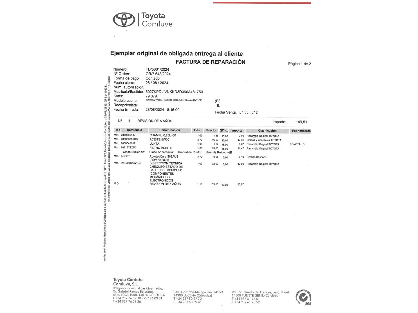 Foto del mantenimiento del Toyota Yaris Toyota Yaris 1.5 Hybrid Advance (100 CV)
