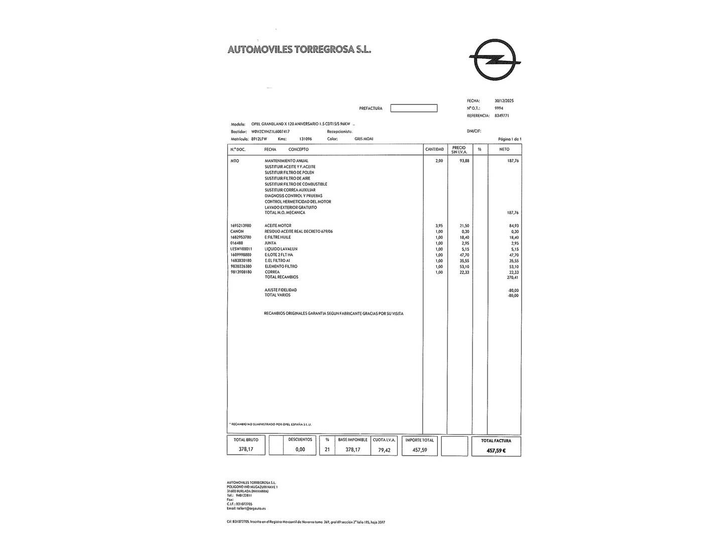 Foto del mantenimiento del Opel Grandland X Opel Grandland X 1.5 CDTi S&S 120 Aniversario (130 CV)
