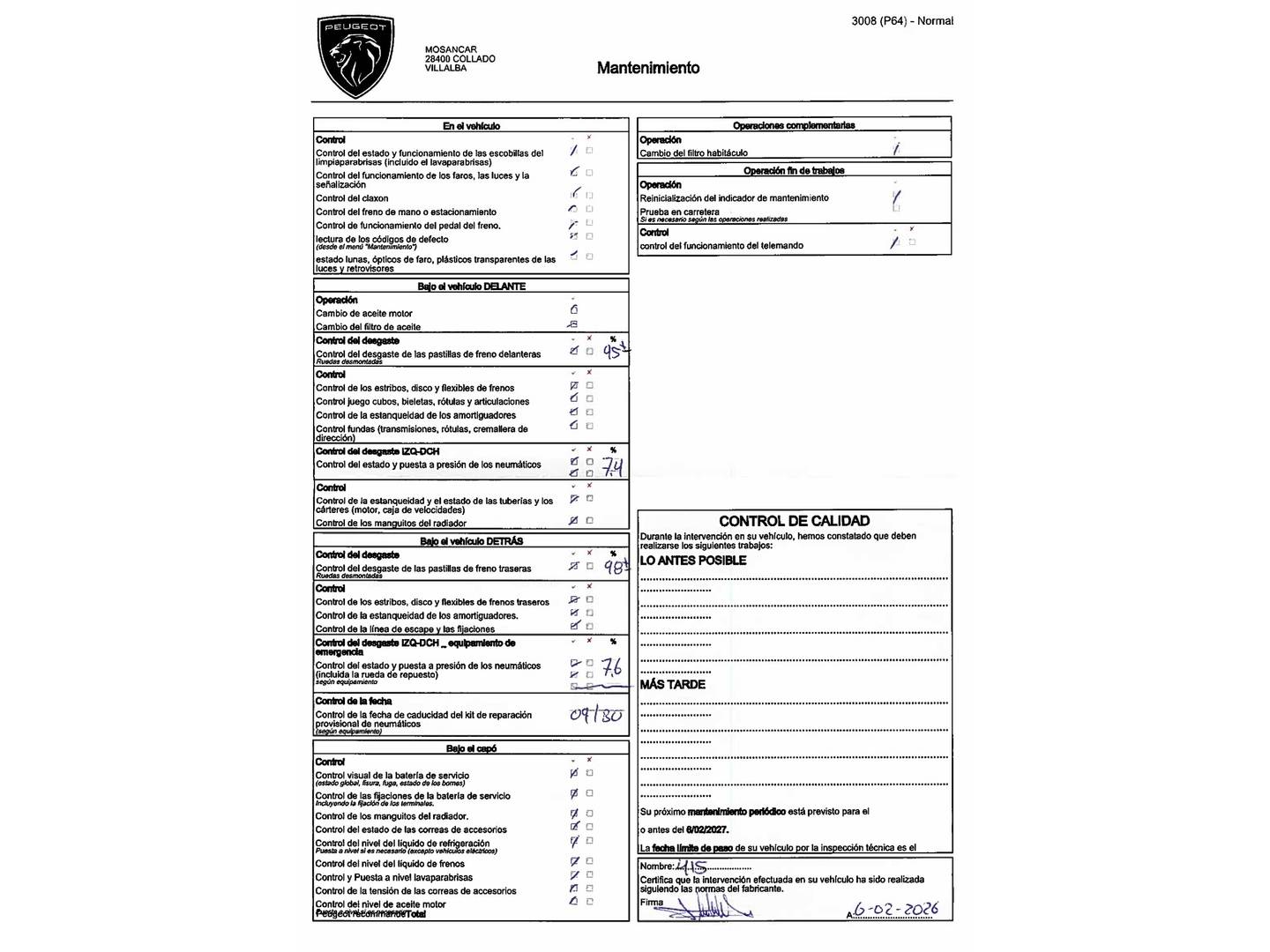 Foto del mantenimiento del Peugeot 3008 Hybrid Peugeot 3008 Hybrid 145 Allure eDCS6 (145 CV)