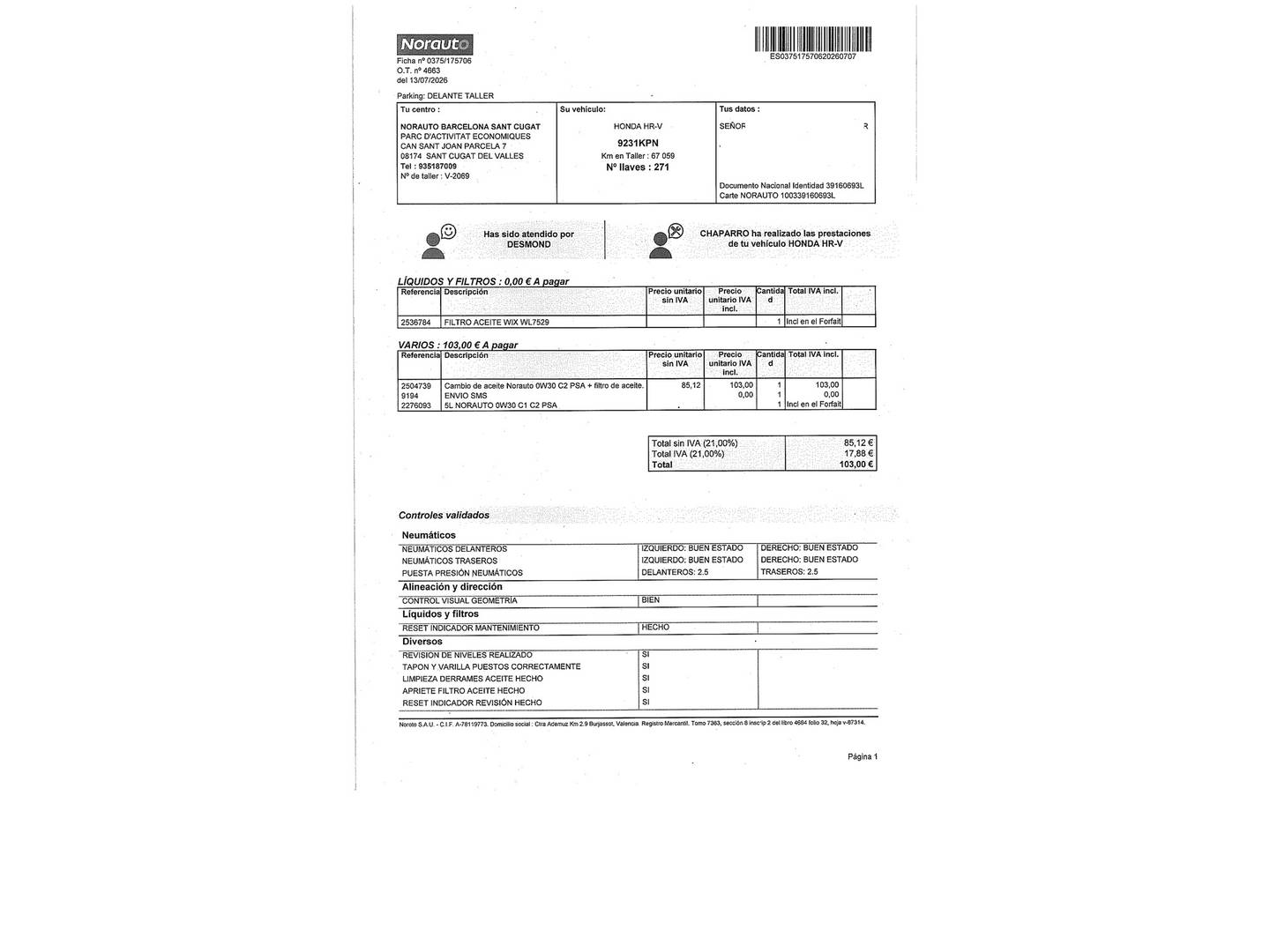 Foto del mantenimiento del Honda HR-V Honda HR-V 1.6 i-DTEC Comfort (120 CV)