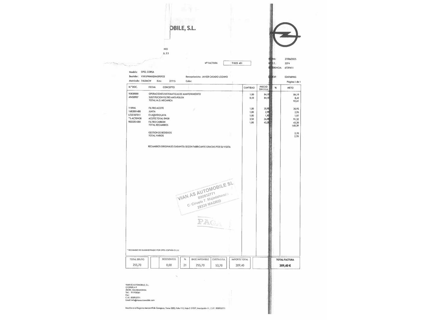 Foto del mantenimiento del Opel Corsa Opel Corsa 1.2 XEL S&S Edition (75 CV)