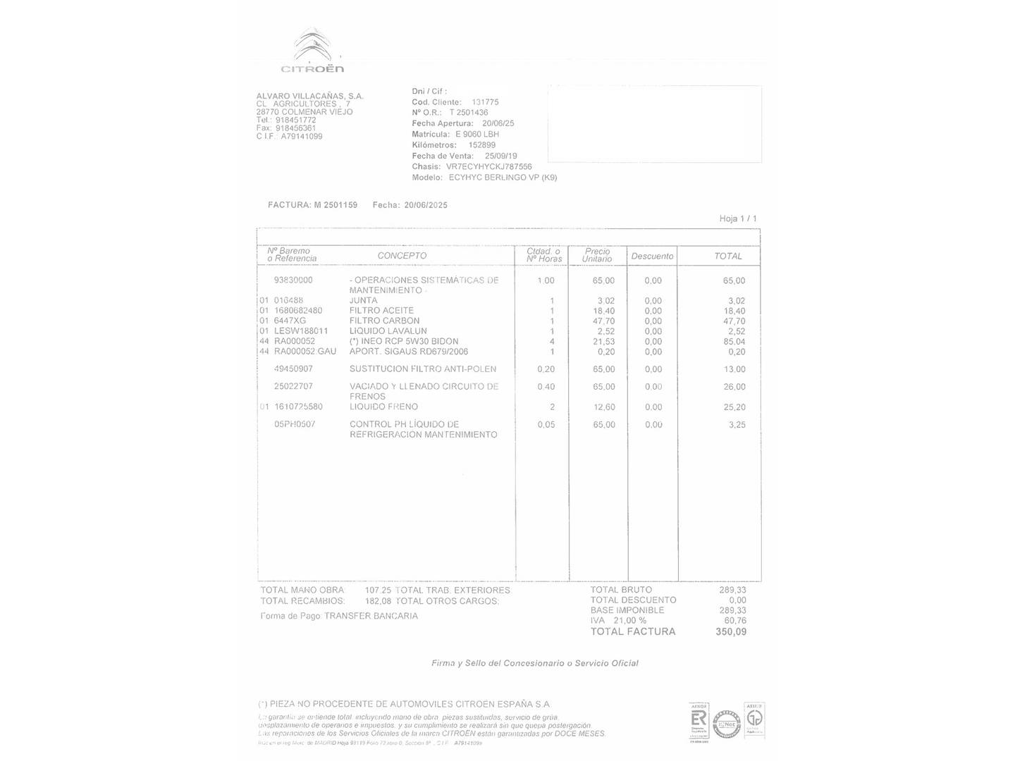 Foto del mantenimiento del Citroën Berlingo Citroën Berlingo BlueHDi 100 Talla M Feel (100 CV)