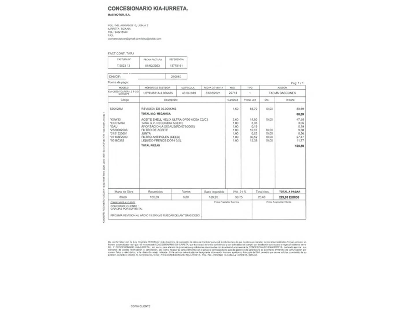 Foto del mantenimiento del KIA Ceed Tourer Kia Ceed Tourer 1.0 T-GDi Concept (120 CV)