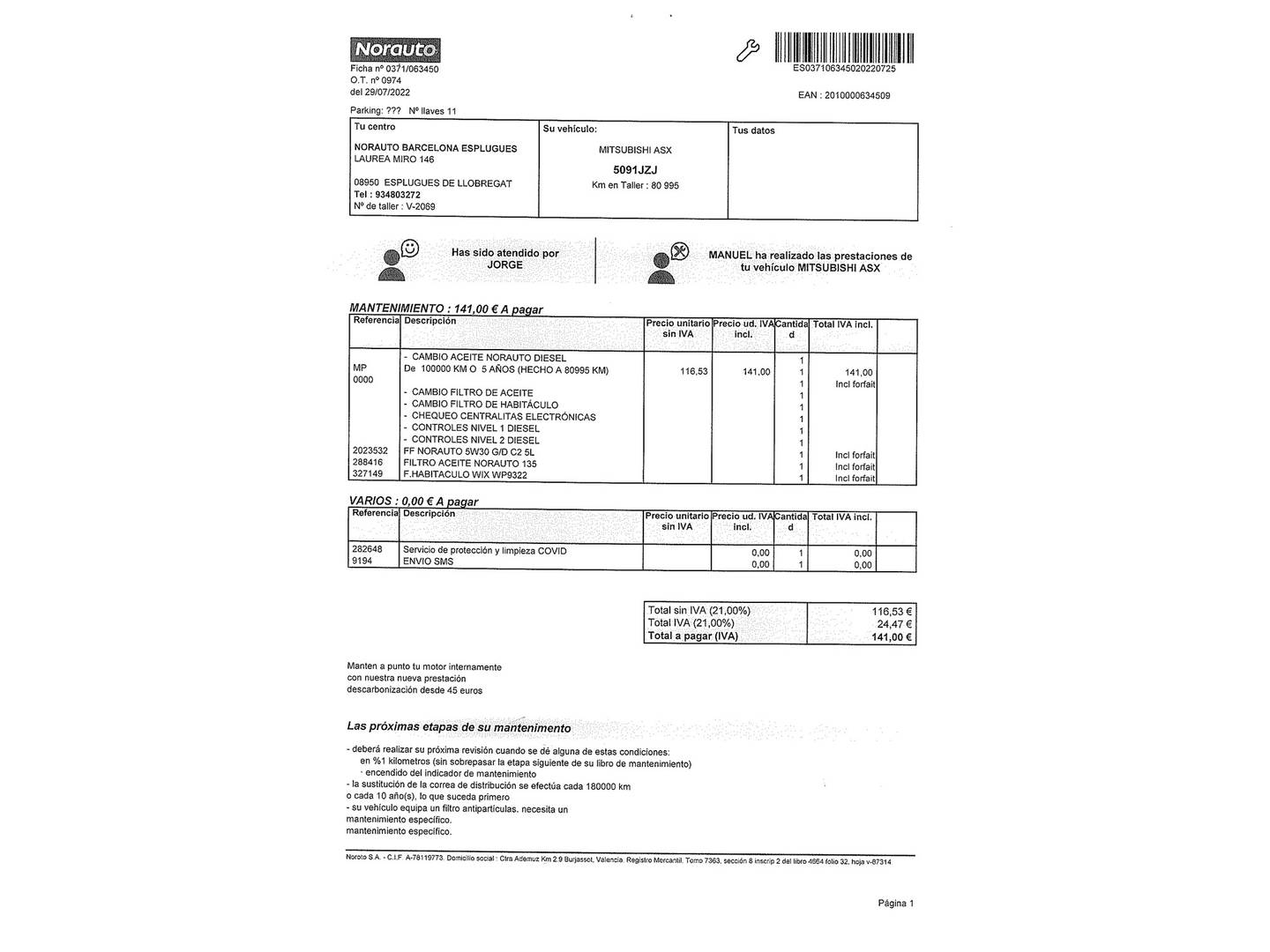 Foto del mantenimiento del Mitsubishi ASX Mitsubishi ASX 160 DI-D Motion (114 CV)