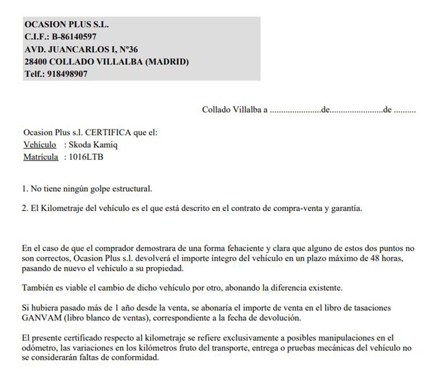 Foto del certificado del Skoda Kamiq Skoda Kamiq 1.0 TSI Ambition DSG (110 CV)