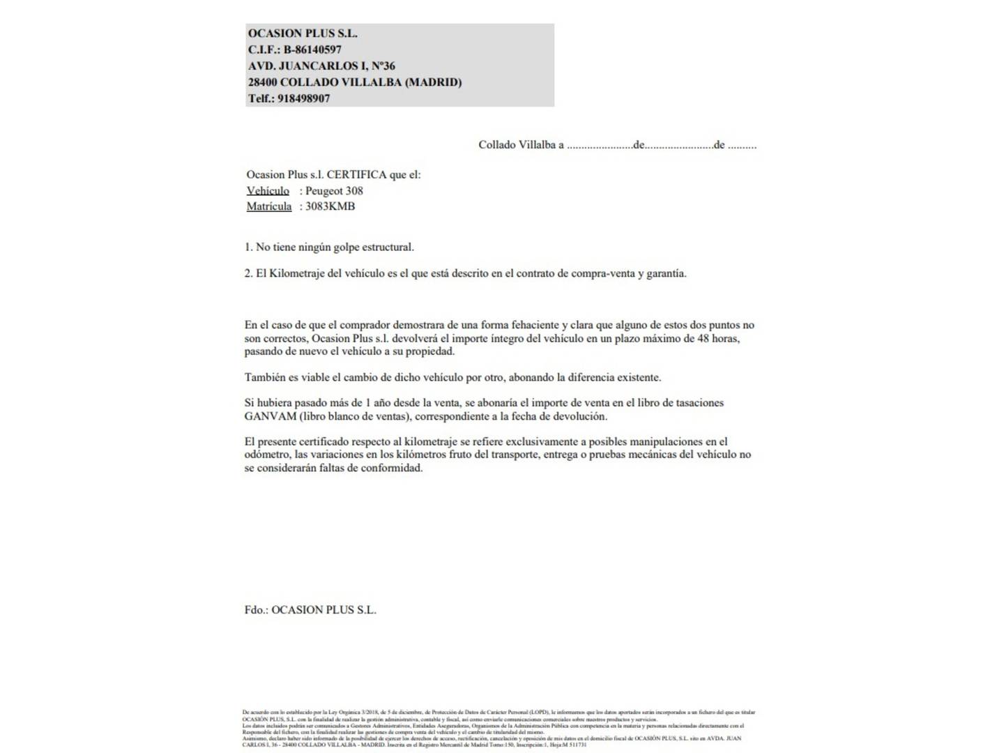 Foto del certificado del Peugeot 308 Peugeot 308 PureTech 130 S&S Style EAT8 (130 CV)