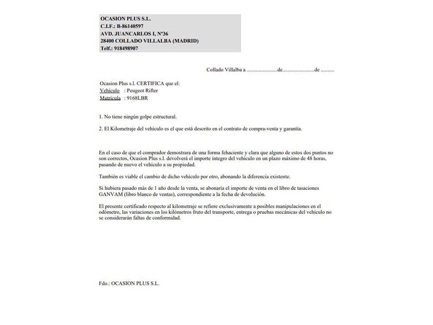 Foto del certificado del Peugeot Rifter Peugeot Rifter BlueHDi 130 GT Line Standard (130 CV)