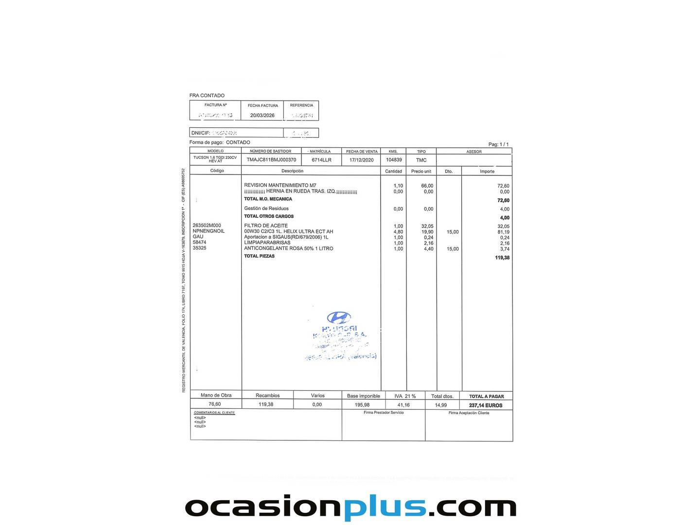 Foto del mantenimiento del Hyundai Tucson Hyundai Tucson 1.6 TGDI HEV Maxx Auto (230 CV)