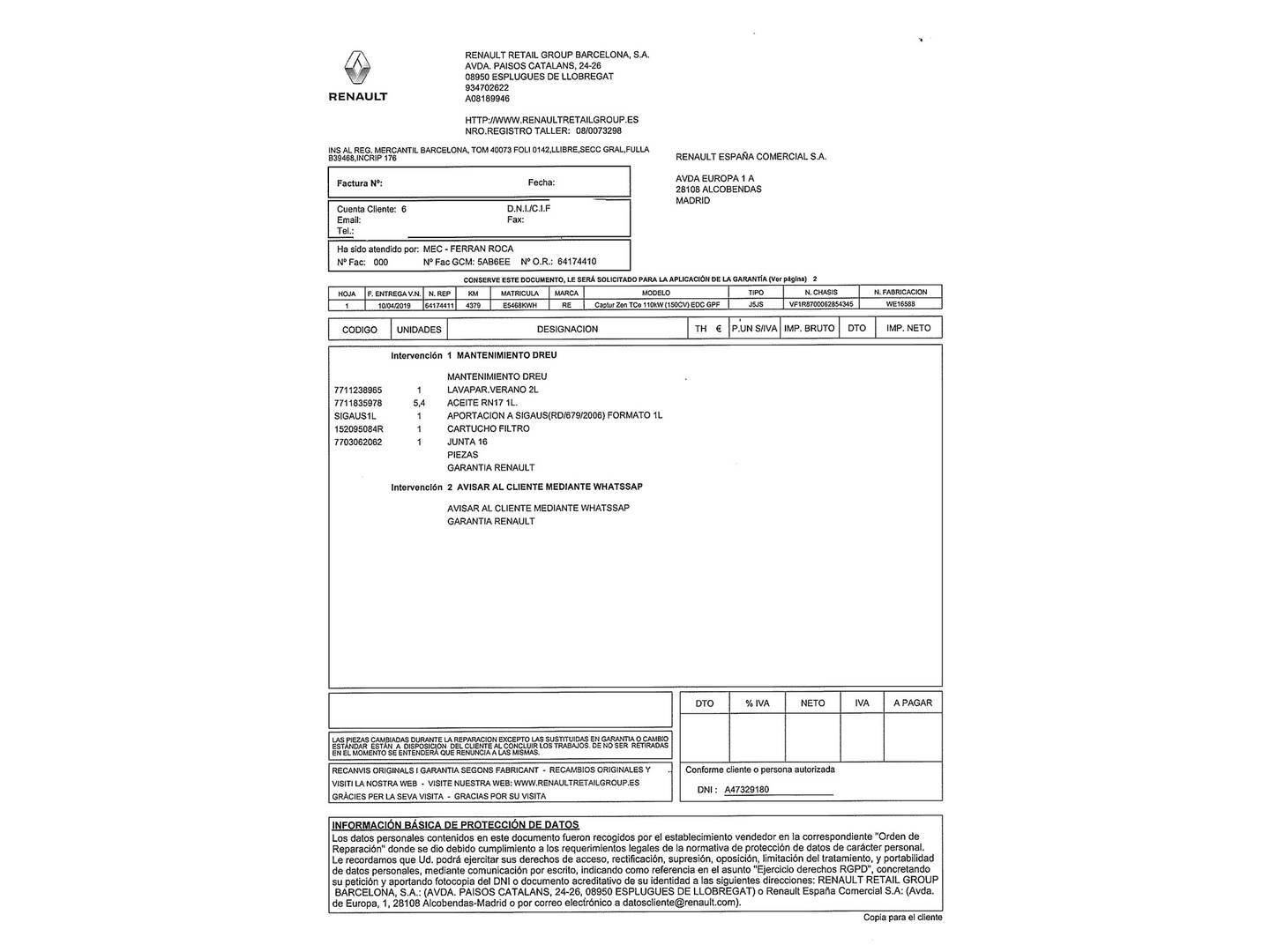 Foto del mantenimiento del Renault Captur Renault Captur Zen TCe (150 CV) GPF EDC