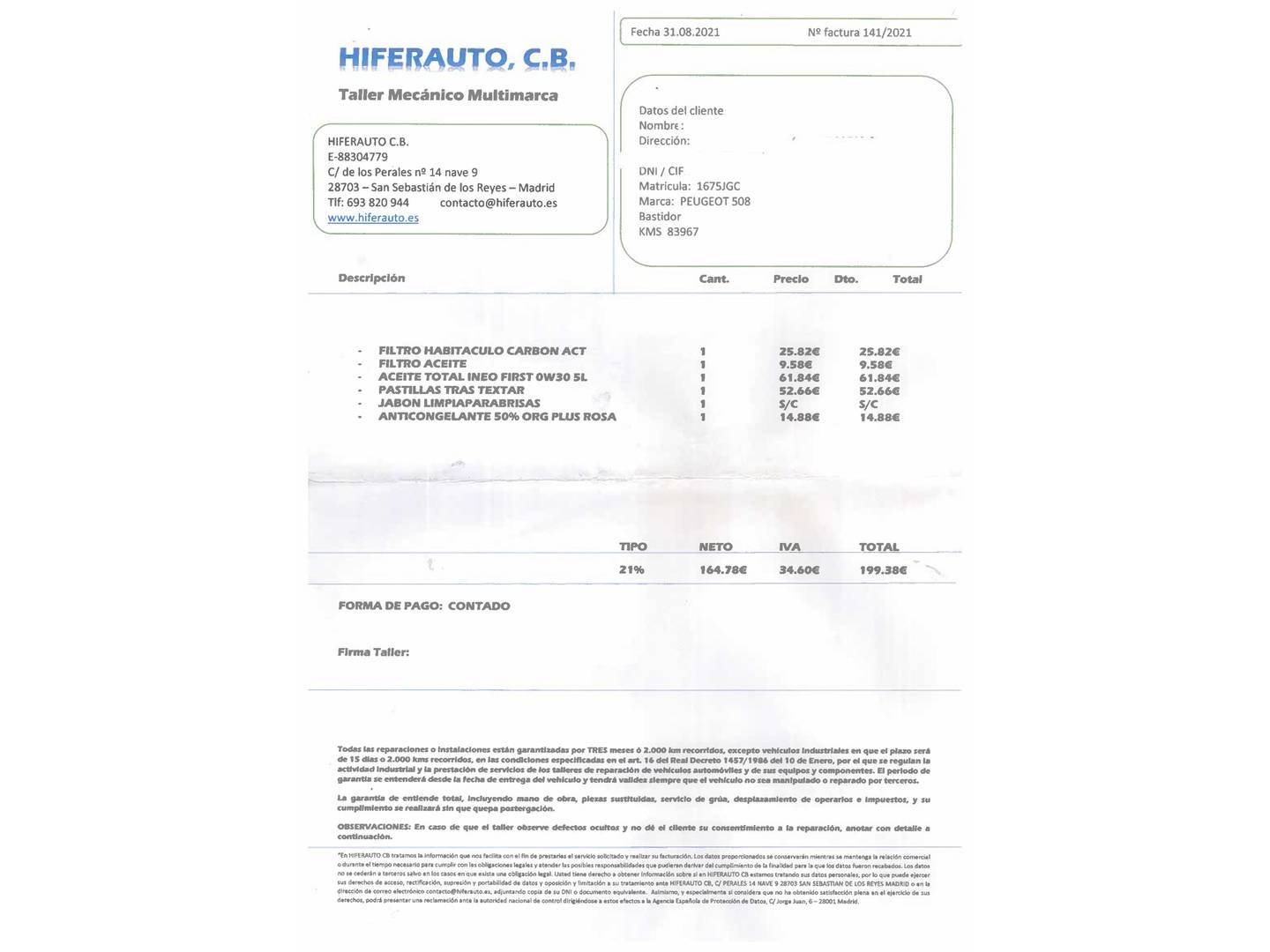 Foto del mantenimiento del Peugeot 508 Peugeot 508 SW BlueHDI 180 Allure EAT6 (180 CV)