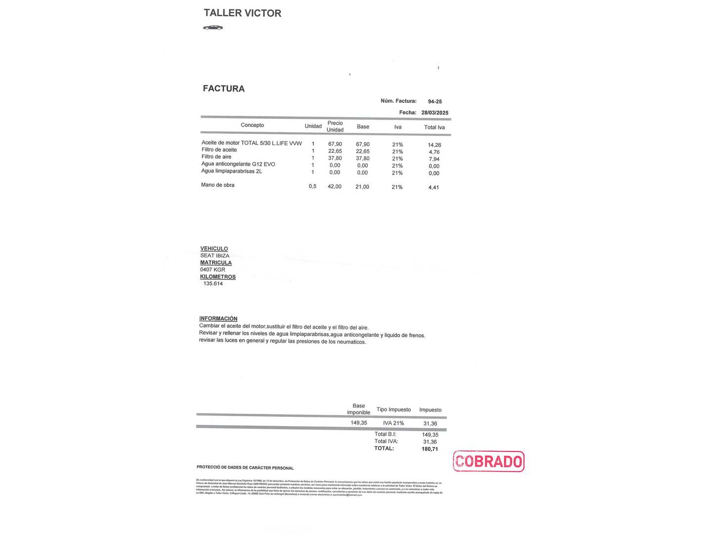Foto del mantenimiento del Seat Ibiza SEAT Ibiza 1.0 EcoTSI S&S Style (95 CV)