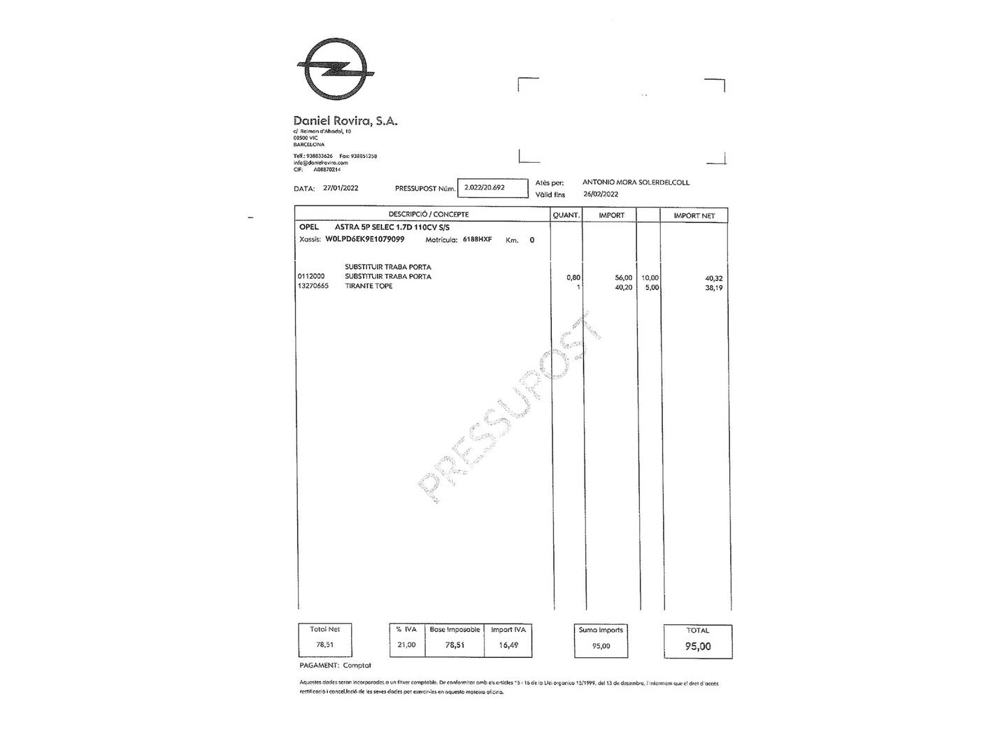 Foto del mantenimiento del Opel Astra Opel Astra 1.7 CDTI Selective (110 CV)