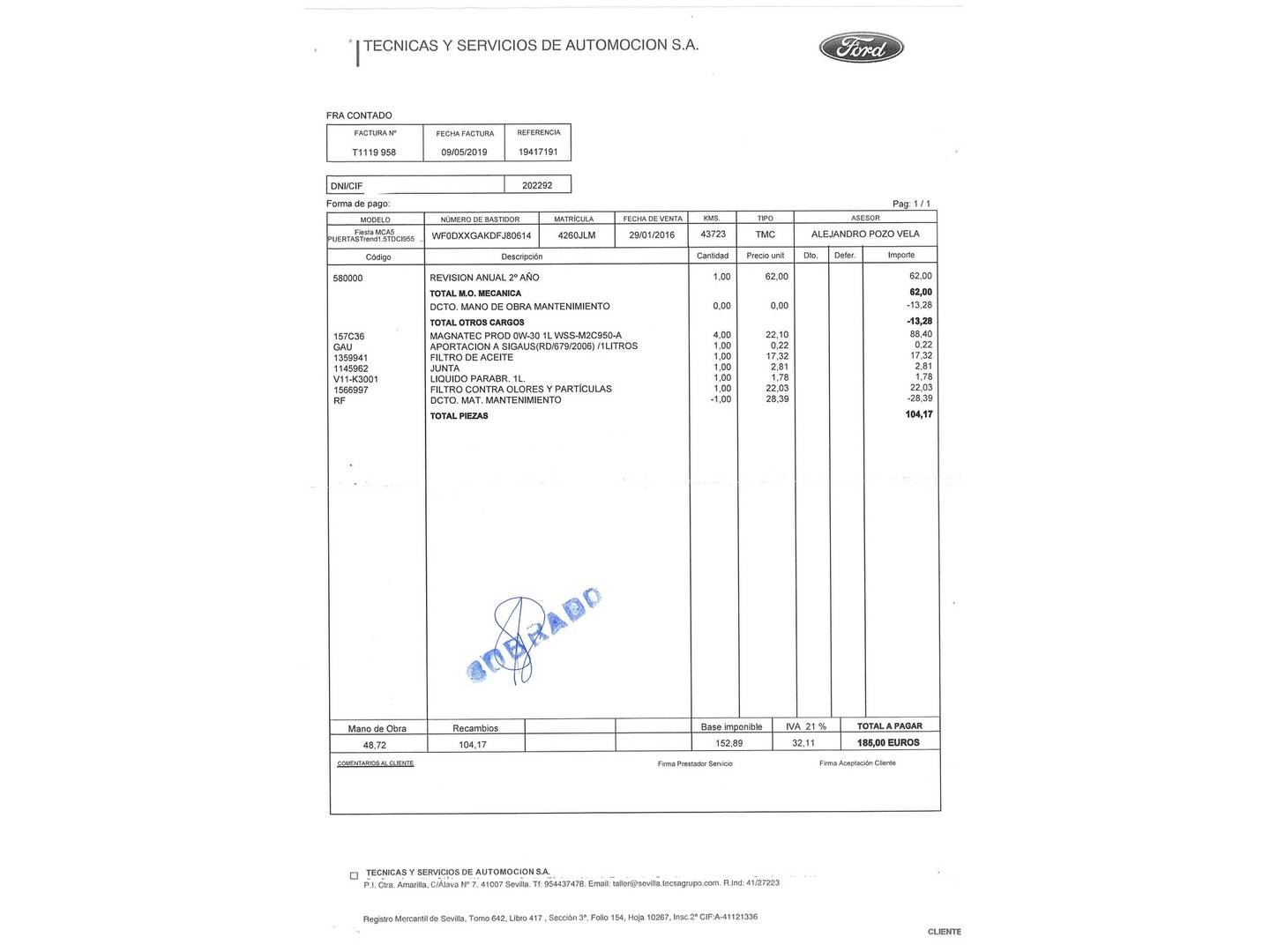 Foto del mantenimiento del Ford Fiesta Ford Fiesta 1.5 TDCI Trend (95 CV)