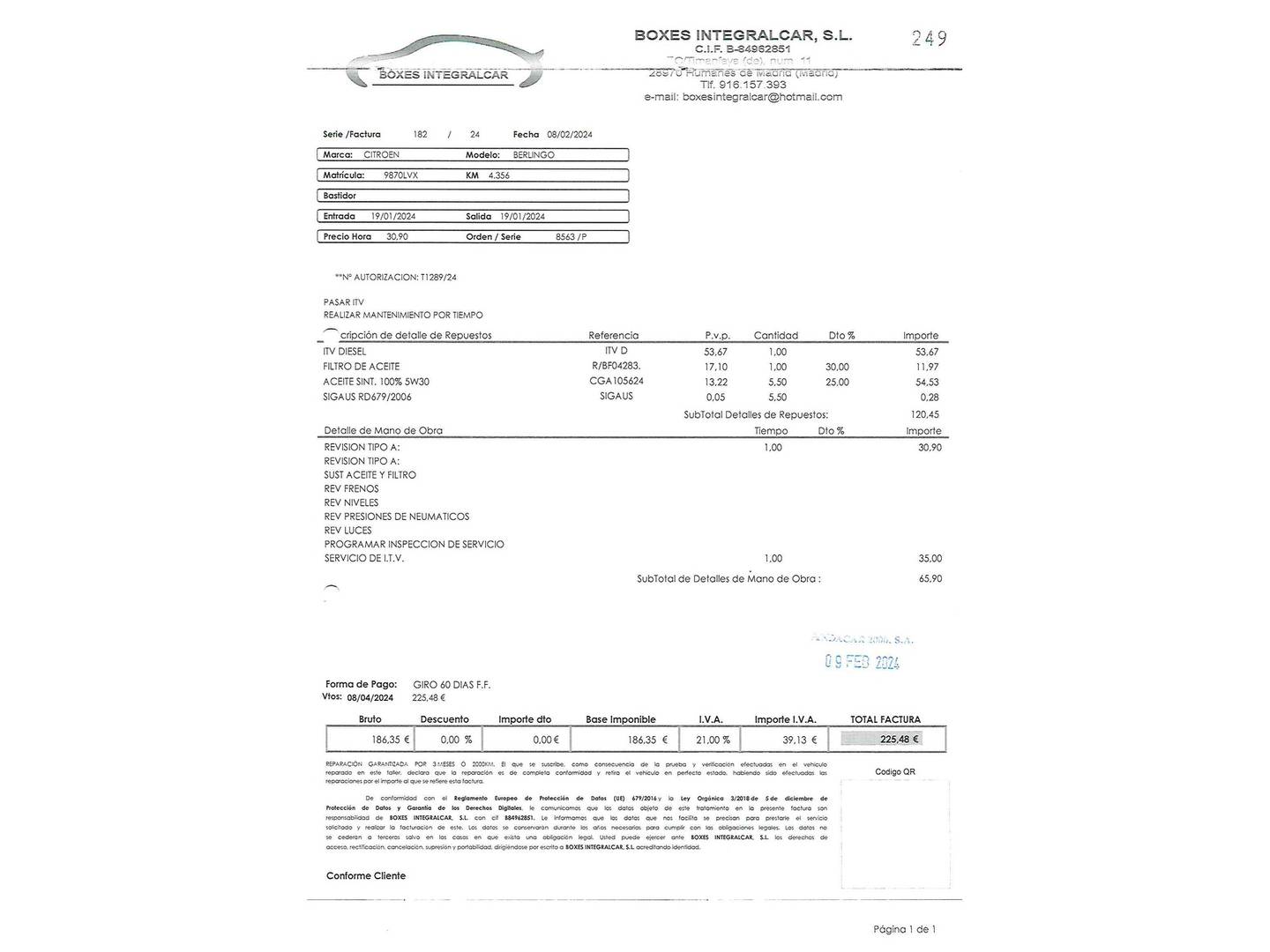 Foto del mantenimiento del Citroën Berlingo Citroen Berlingo BlueHDi 100 Talla M Control (102 CV)