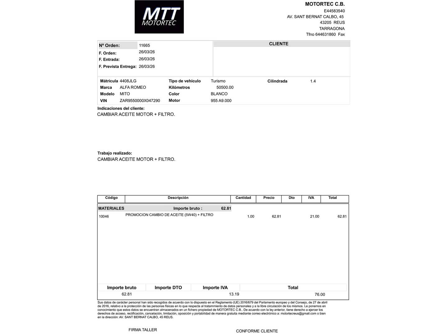 Foto del mantenimiento del Alfa Romeo MiTo Alfa Romeo Mito 1.4 MiTo + A/A (70 CV)